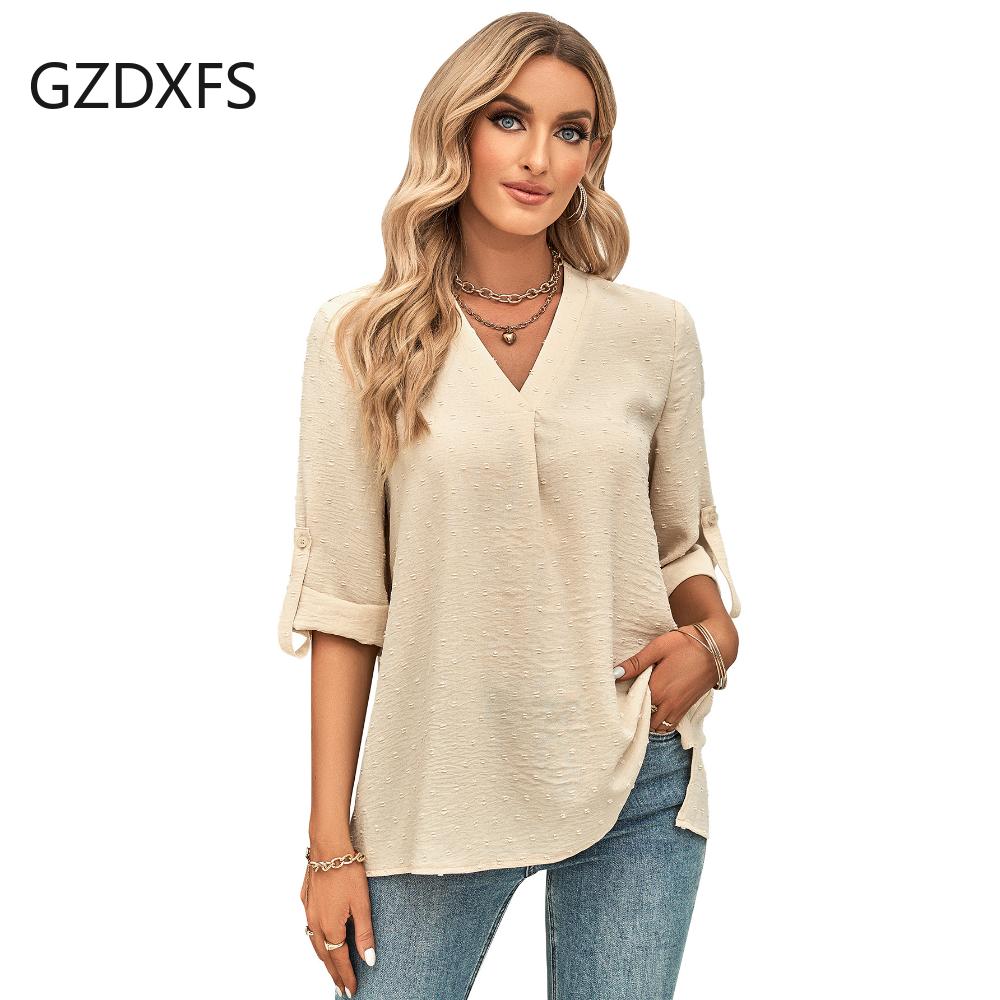 DX-Spring/Summer New Women's Fashion Solid Loose V-neck 3/4 Sleeve Top