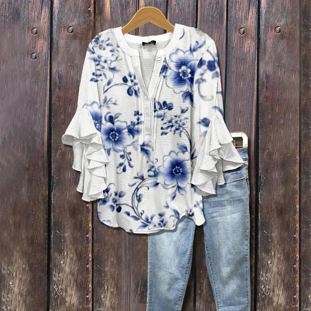 Damen Freizeit T-Shirt mit Blumendruck, V-Ausschnitt, Lotus-Kanten, Rüschenärmeln, Leicht, Locker geschnitten, Bluse für den Alltag