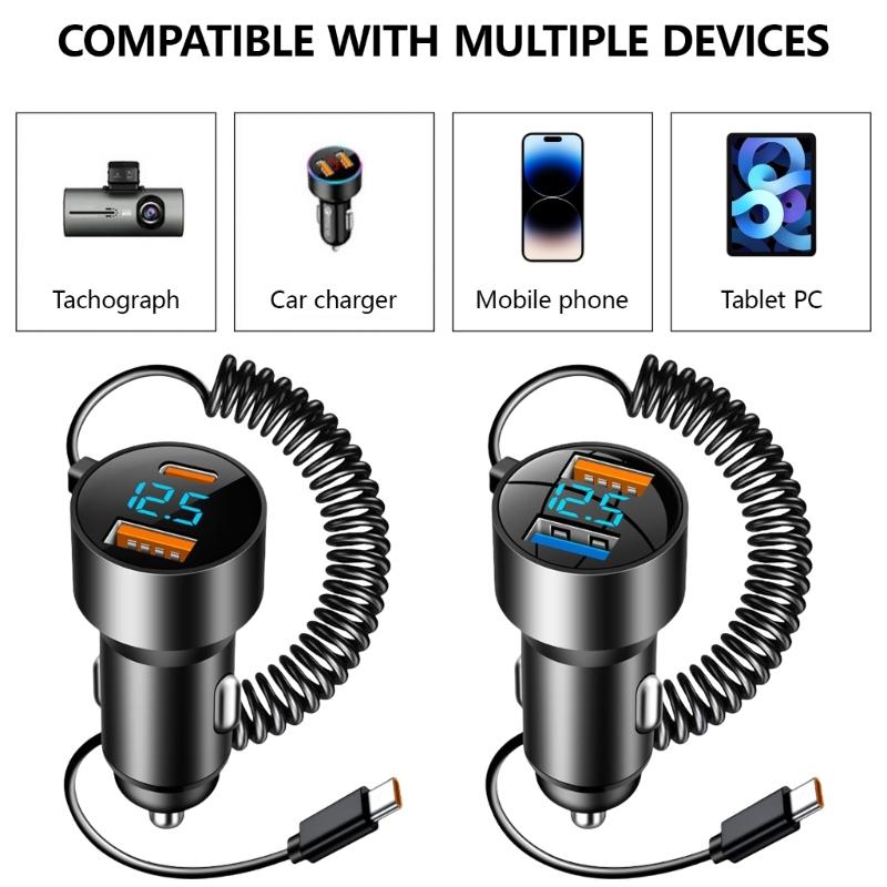 High Speed Charging Car Adapter Double Port Car Power Supply Equipped Type C Coiled Cord for Efficient Charging