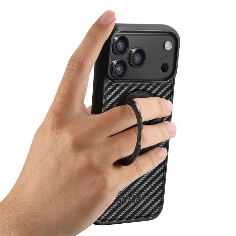 360 Rotating Bracket Carbon Fiber Leather Case For iPhone 17 Air 17Pro Max 16 Plus 15 14 Pro Magnet Wireless Charging Cover