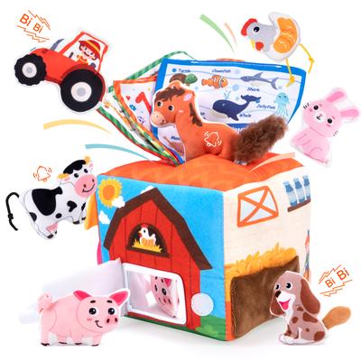 Boîte à mouchoirs en peluche douce pour bébé, set maison d'animaux de ferme simulés avec son, jouets sensoriels cognitifs pour tout-petits, jouets Montessori