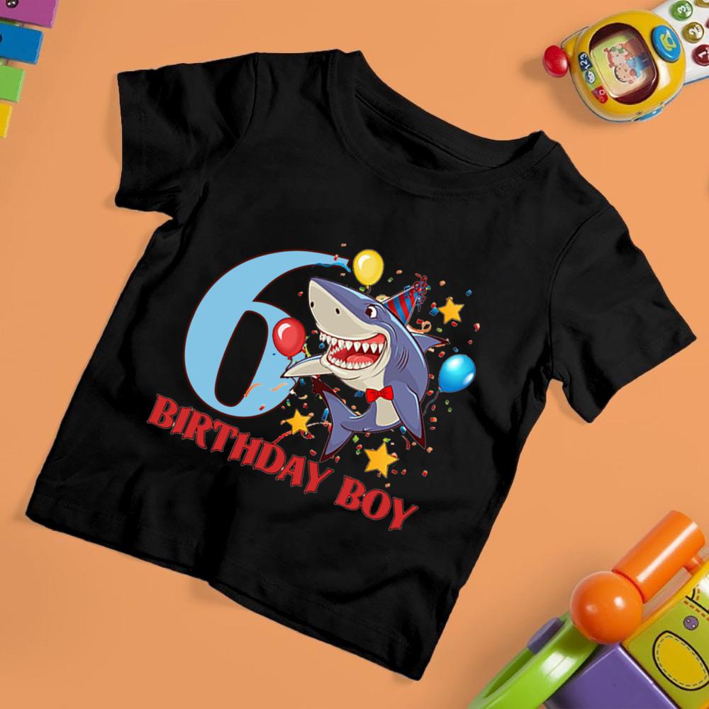 Shark Birthday Digital Funny Print Children's Short Sleeve T-shirt Suitable for Everyday Wear In Summer