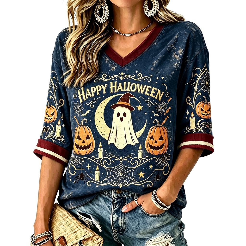 Women's Casual Halloween Print V-Neck T-Shirt for Holiday Party