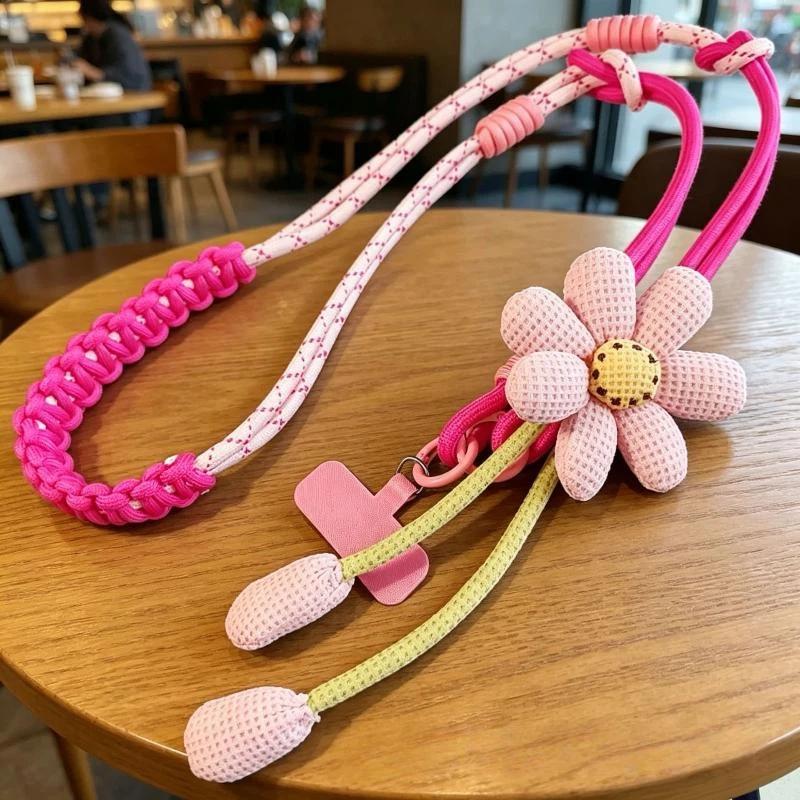 1Pcs Cute Flower Decor Adjustable Phone Lanyard Durable Braided Strap For Daily Outing Shopping Travel Anti Lost Accessory