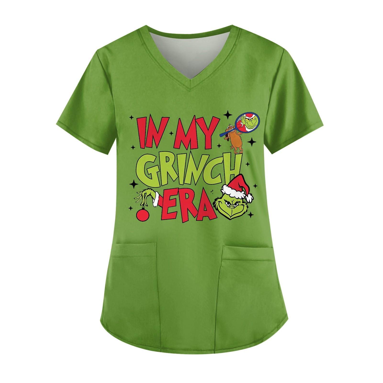 

Women s Cute Printed Work Clothes V-neck Double Layer Pockets Basic Short Sleeve Top Pullover Christmas XXXL