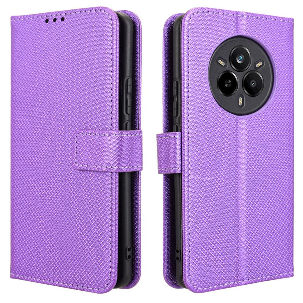 

For Realme 14 Pro 5G Case PU Leather Diamond Texture Wallet Phone Cover Purple