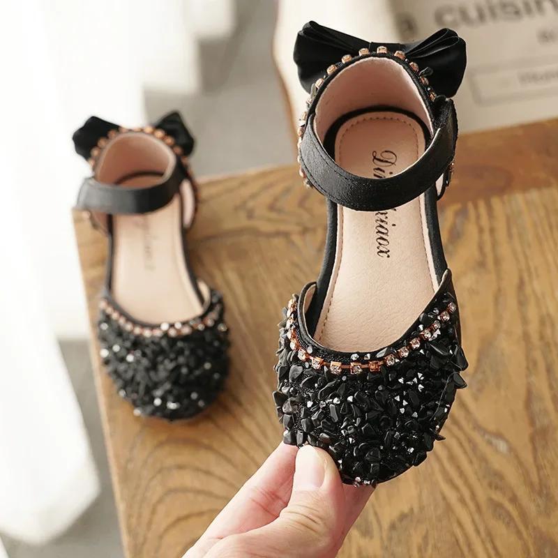 

Summer Rhinestone Princess Shoes for Girls Soft Bottom Children Girl Sneakers Kids Leather Dresses Shoes with Bow H11262 21 чорний