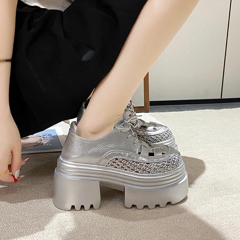 Fashion 9CM New Summer Women's Hollow Sneakers Leather High Heels Platform Lace-up Casual Shoes Thick Sole Walking Shoes Zapatos Mujer