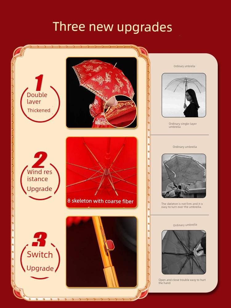 Wedding Red Umbrella Sunny and Rainy Dual-Use Chinese Wedding Lace Umbrella Out Bride Wedding Wedding Umbrella Wedding Supplies