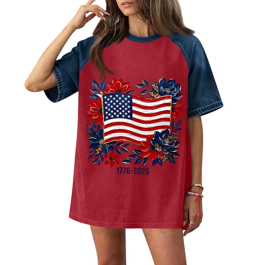 Women Casual Short Sleeve T Shirt Denim Patchwork Top 250th Independence Day Commemorative Print Relaxed Fit Lightweight Tee