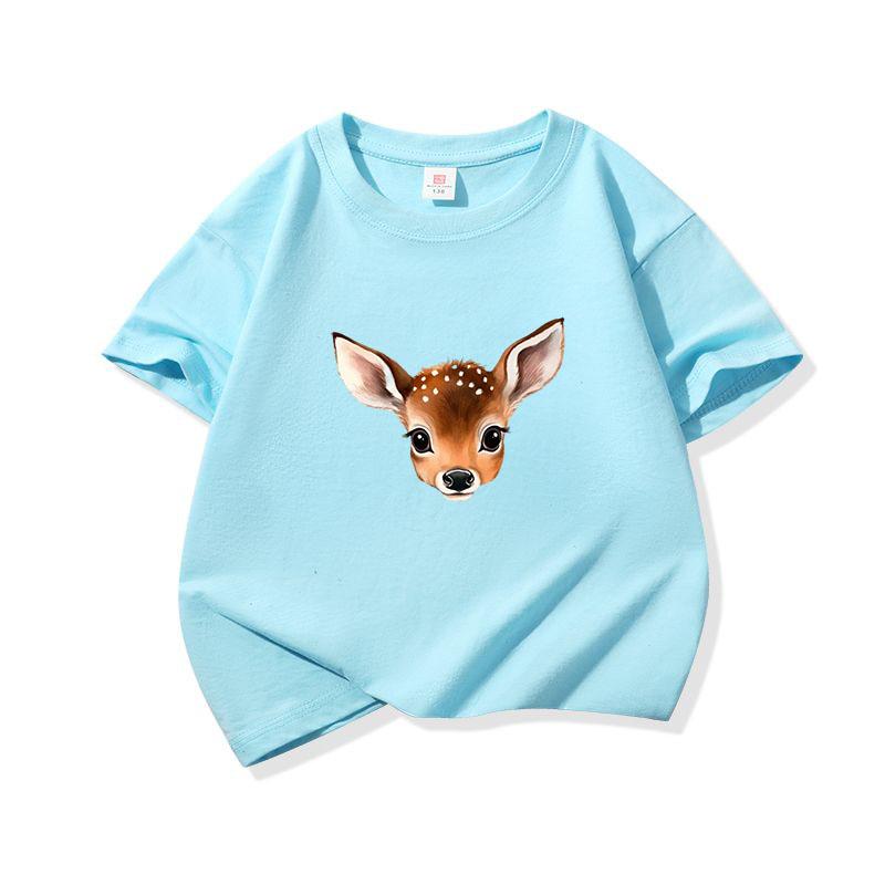 Kids Cotton T Shirt Cute Peeking Deer Print Crew Neck Short Sleeve Tee Casual Breathable Boys Girls Summer Tops