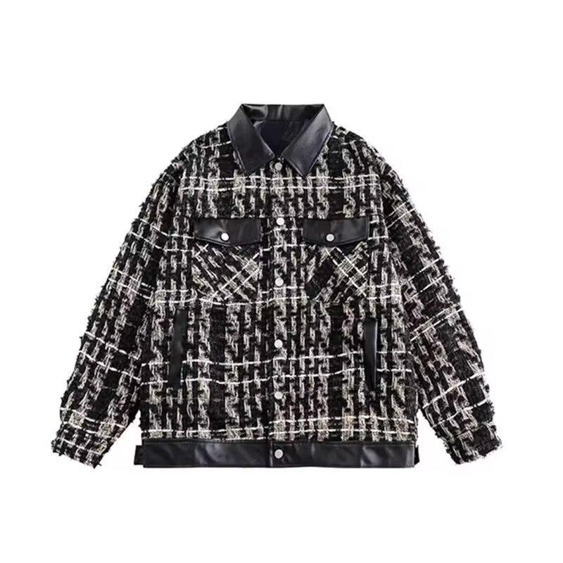 

Женская трикотажная бейсбольная куртка в гусиную лапку, пэчворк из искусственной кожи, в стиле ретро Large чёрный