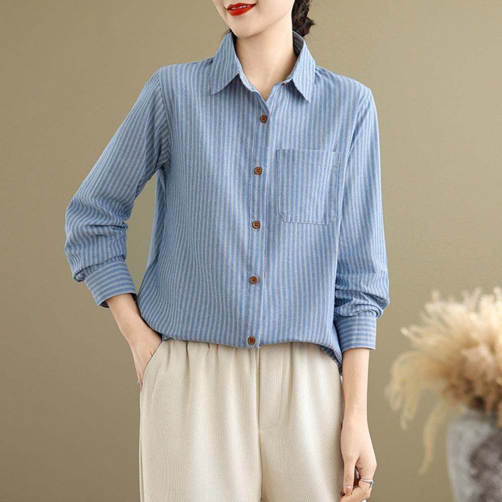 Women's Turn Down Collar Long Sleeve Shirt Loose Fit Vintage Stripe Cotton Linen Casual Blouse