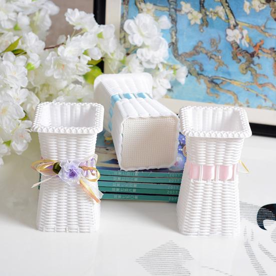 Flower Vase Unbreakable Square Opening Desktop Decoration Imitation Rattan Woven Plastic Vase for Home Couple