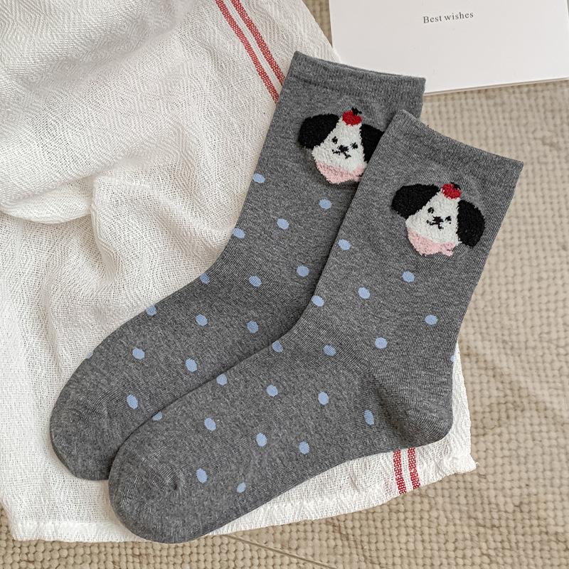 Cute Female Cartoon Mid-calf Socks for Women, Plush Bear Polka Dot Sweet Boneless Women's Socks