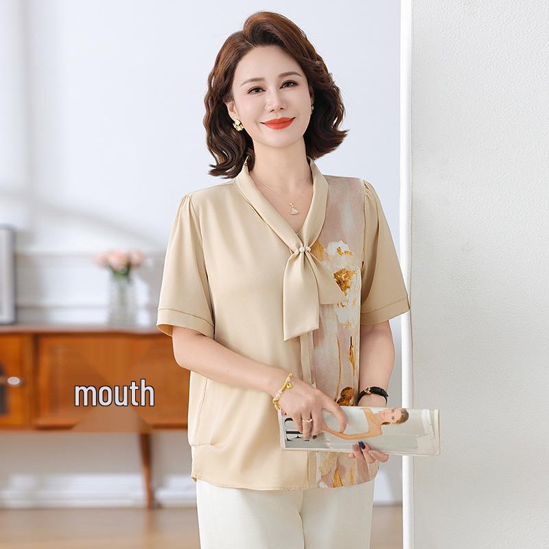 

Chic Satin V-neck Printed Short-Sleeve Top for Middle-Aged & Elderly Women 5XL [150-165 lbs] хакі