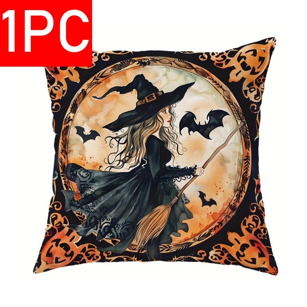 Halloween Witch Cat Pillow Cover - 45x45cm Spooky Owl Print for Living RoomBedroom 1490₽