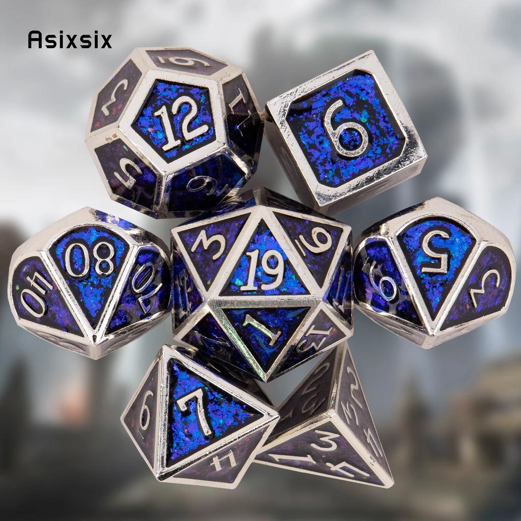 7 Pcs Silver Blue Standard Metal Dice Solid Metal Polyhedral Dice Set Suitable for Role-Playing RPG  Board Game Card Game