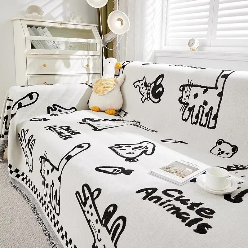 Kalınlaştırılmış Şönil Kumaş Kanepe Örtüsü Modern Basit Çizgi Film Desenli Sevimli Kanepe Kılıfı Kumaşı