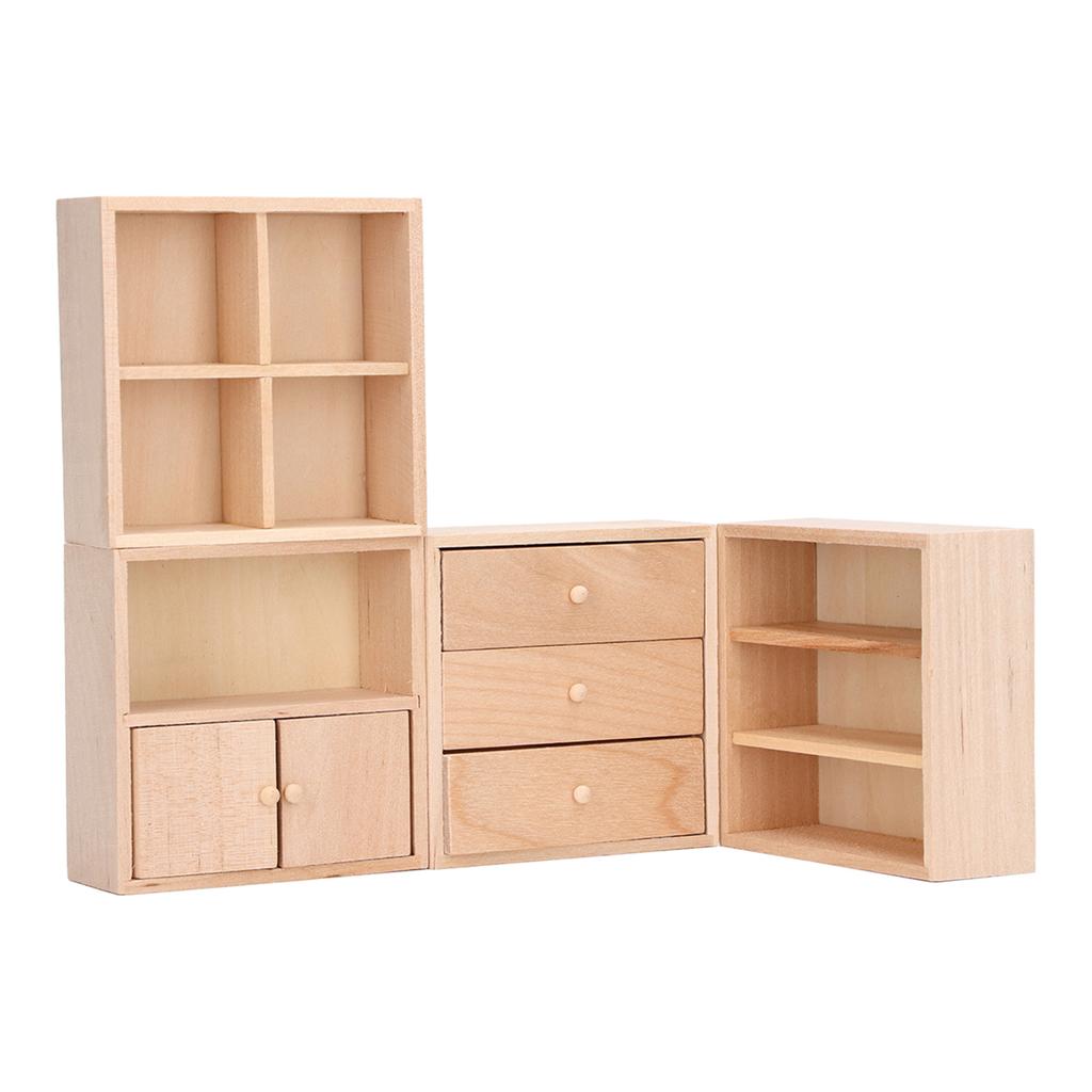 4 Pcs 1/12 Doll House Cabinet Set Simple Design Practical Lifelike Miniature Wooden Dollhouse