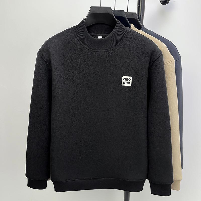 Men's Heavyweight Alpaca Wool Hoodie with Velvet Lining, Fleece-Lined, Versatile Round Neck Base Layer Shirt