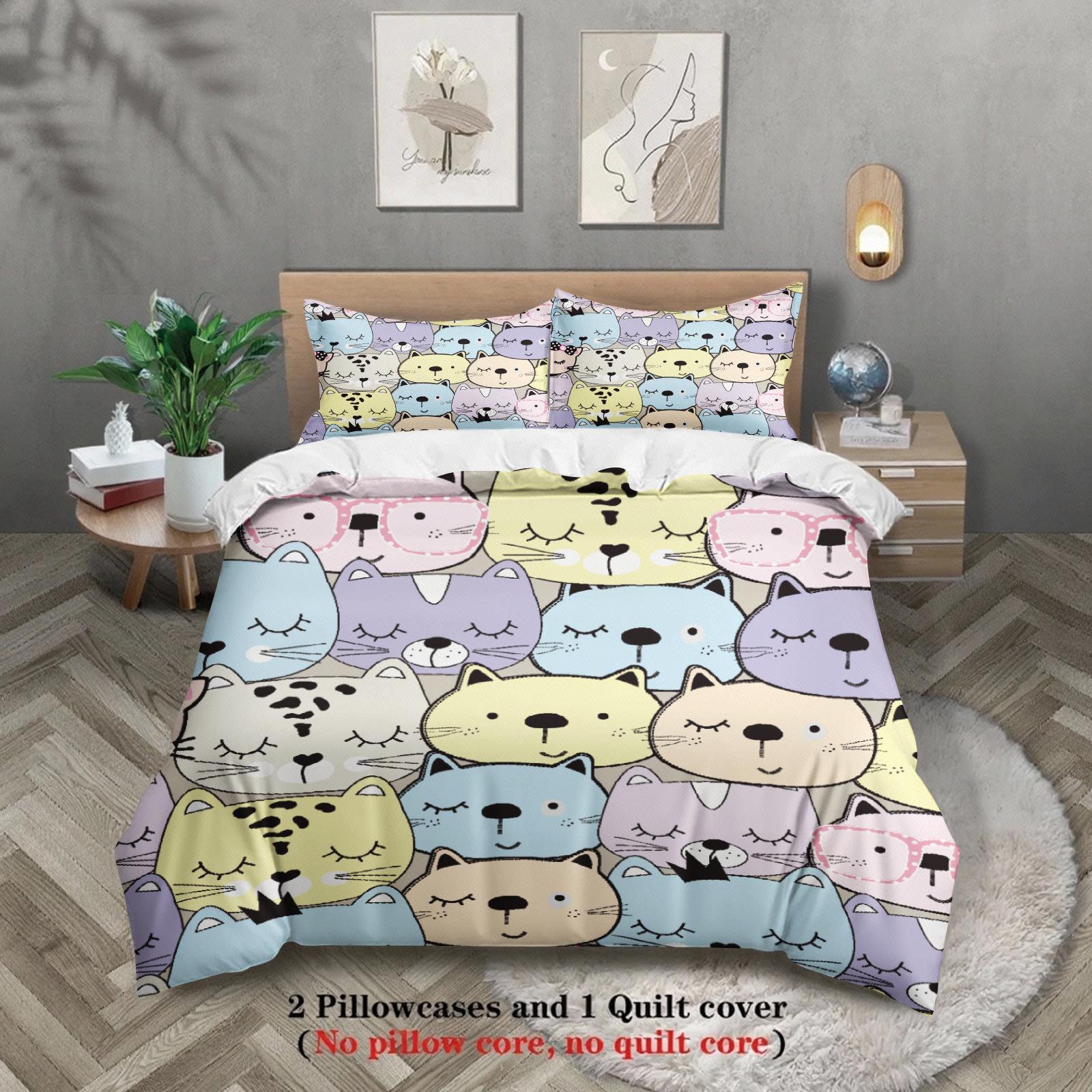 

3pcs Cat Bowknot Bedding Sets 3D Printed Cute Cartoon Cat Dormitory Twin Size For Students Duvet Cover Sets With 2Pillowcases US King(264x229cm)