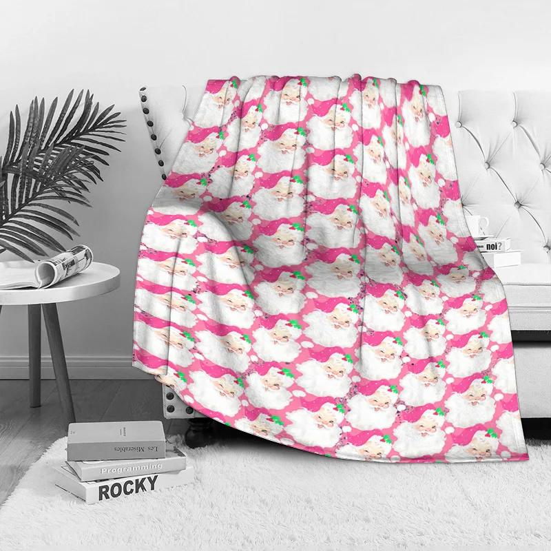 Pink Santa Fleece Blanket, Cute Christmas Pattern with Green Hat Design, Soft Plush Throw for Festive Sofa and Home Decor
