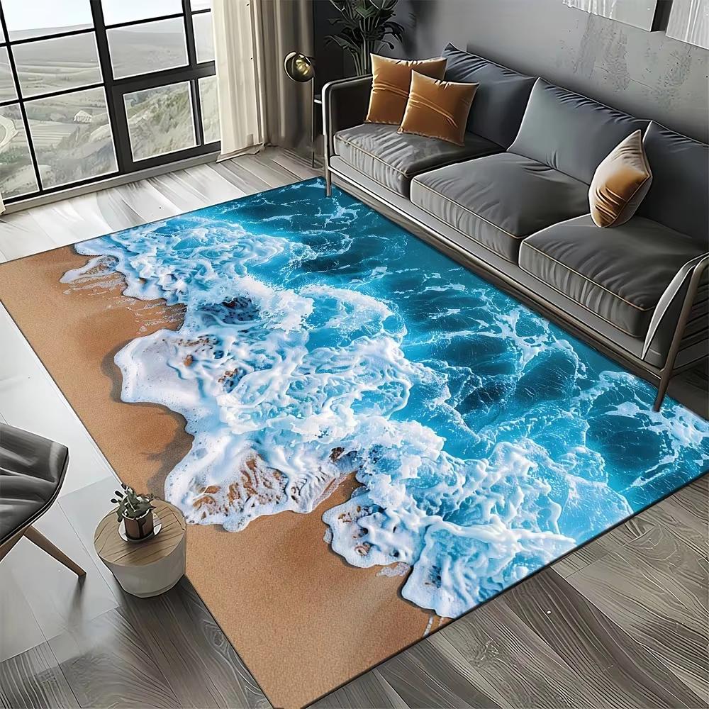 Ocean Beach Carpet Blue Sea Wave Rug Living Room Coffee Table Floor Mat 3D Nature Landscape Coastal Home Decoration Doormat