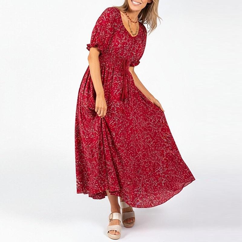 Spring new, European and American women s clothing, fashionable and elegant floral v-neck pleated splicing dress S красный