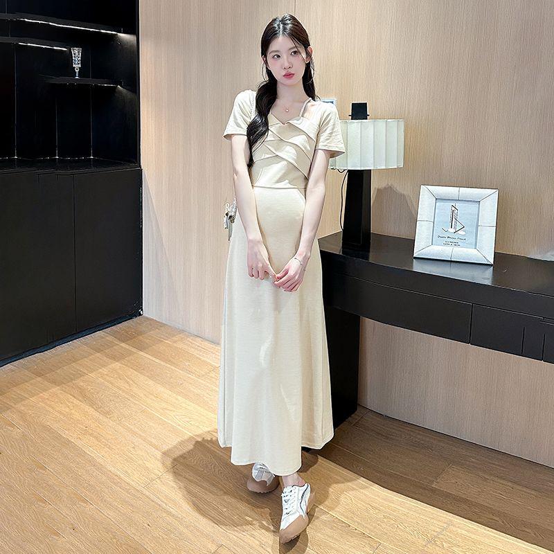 

2025 French Style Slim Fit Cotton Maternity Dress - Short Sleeve, High Quality, Lightweight Summer Skirt Medium