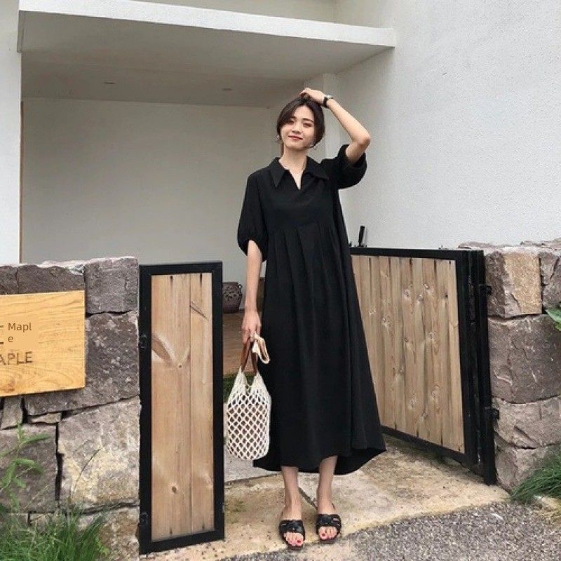 

New Style Shirt Collar Black Short-Sleeved Dress for Women, Plus-Size, Elegant and Slimming A-Line Long Dress Black M