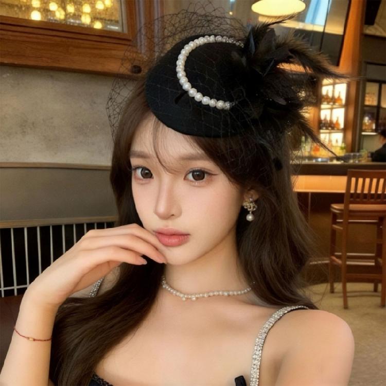 Feather Trimmed Faux Pearls Decorated Mesh Hat Elegant Evening Headwear Ideal For Wedding Guest Attires