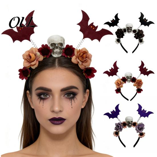 Festive Hair Decorations for Costumes Halloween Flower Skeleton Bat Headband, Gothic Floral Skull Bands, Spooky Fashionable Clips Accessory,