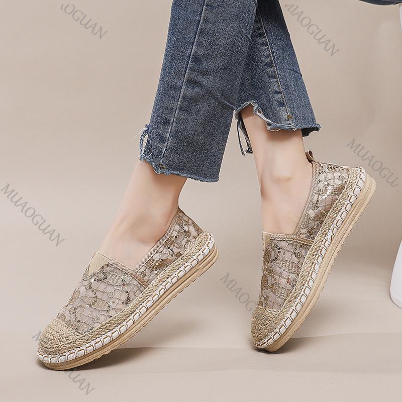 Fashion Lace Breathable Fashion Flats for Women Casual Slip On Spring Summer New Weaving Sequins Loafers Mixed Color Flat Single Shoes