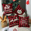 Retro Plaid Christmas Pillow Cover Linen Printed Holiday Pillow Cartoon Cushion Cover