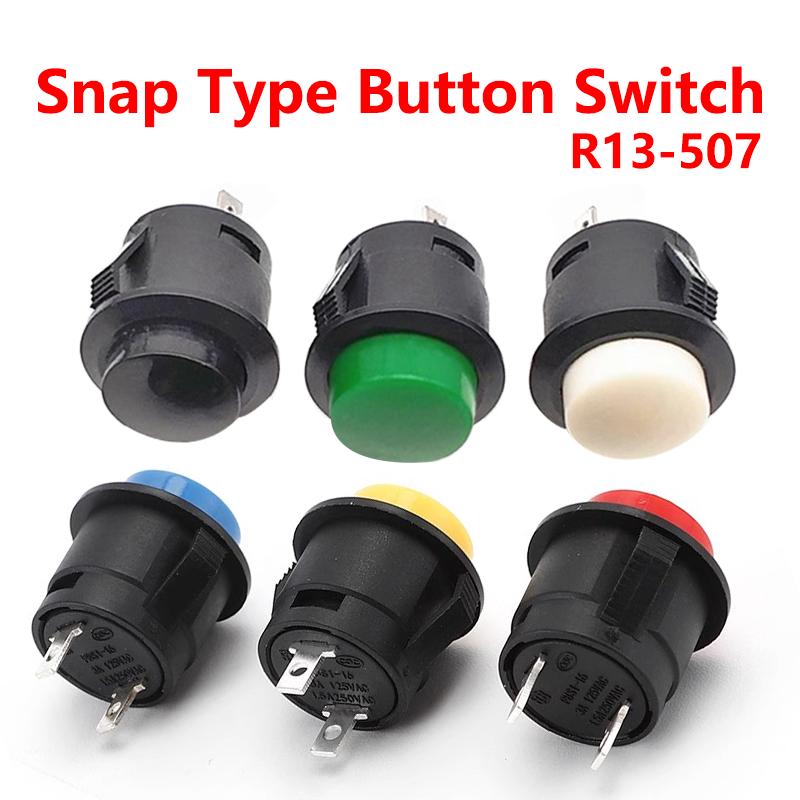 

5/20PCS R13-507 Snap on Button Inching Switch 16MM Round Lockless Self Reset Switch Panel Mounting 3A125V/1.5A250VAC 5PCS