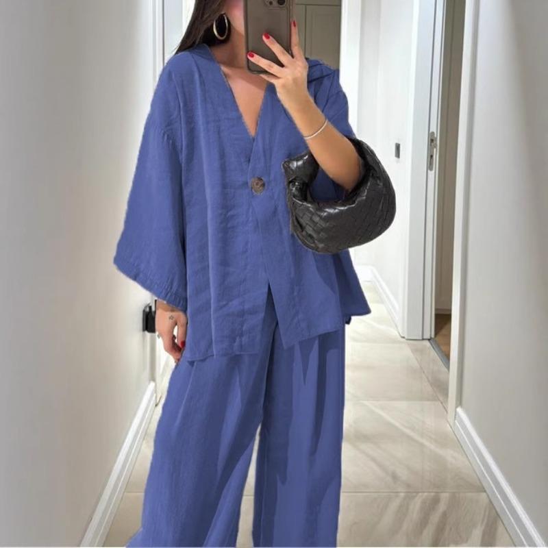 Spring and Summer Fashion Loose Women's V-neck Blouse Shirt and Wide-leg Pants Casual Suit