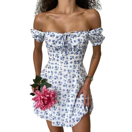 Women Dress Square Neck Elastic Vintage High Waist Pullover Refreshing Flower Print