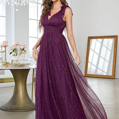Guangzhou Jiayi Elegant V-neck Bridesmaid Dress with Gold Sequin Bow Trim