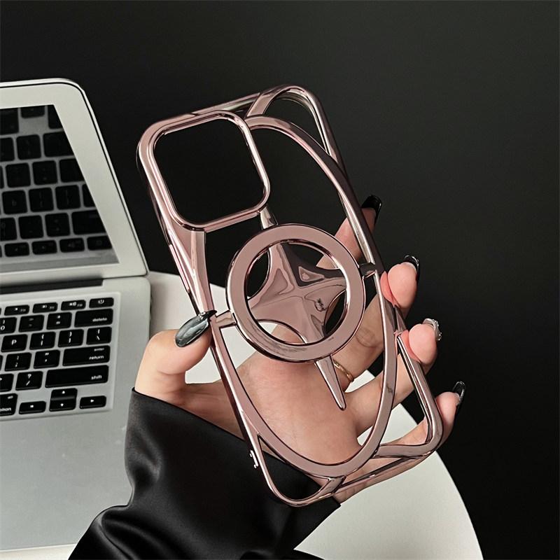 Luxury Plating Hollow Out Star Wireless Charging Magnetic For Magsafe Case For iPhone 16 15 14 Plus 13 12 11 Pro Max Slim Cover