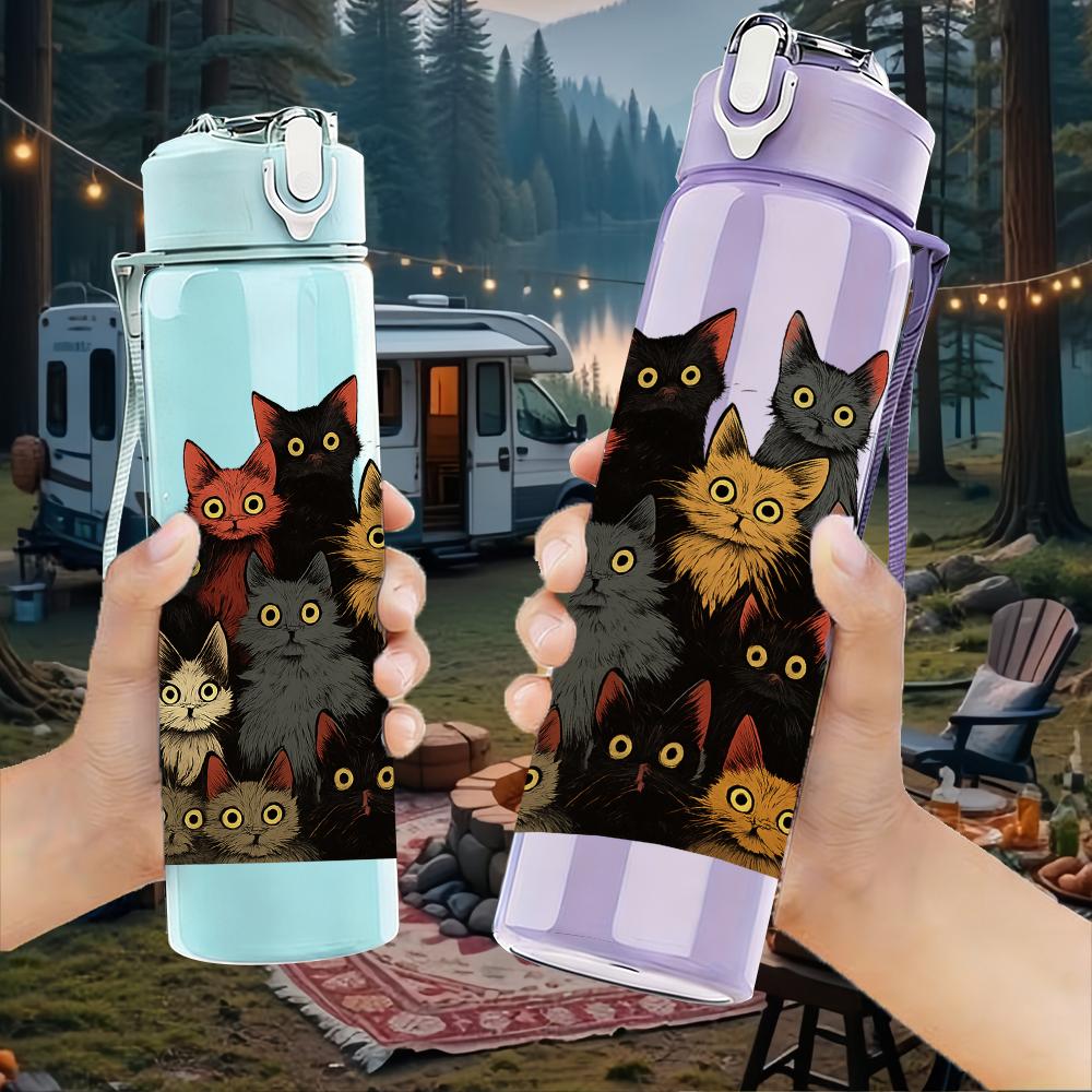 1PC Multi Breed Cat Group Collage 750ml Color Plastic Sports Water Bottle Leakproof Flip Straw Lid For Sports Office Home Use