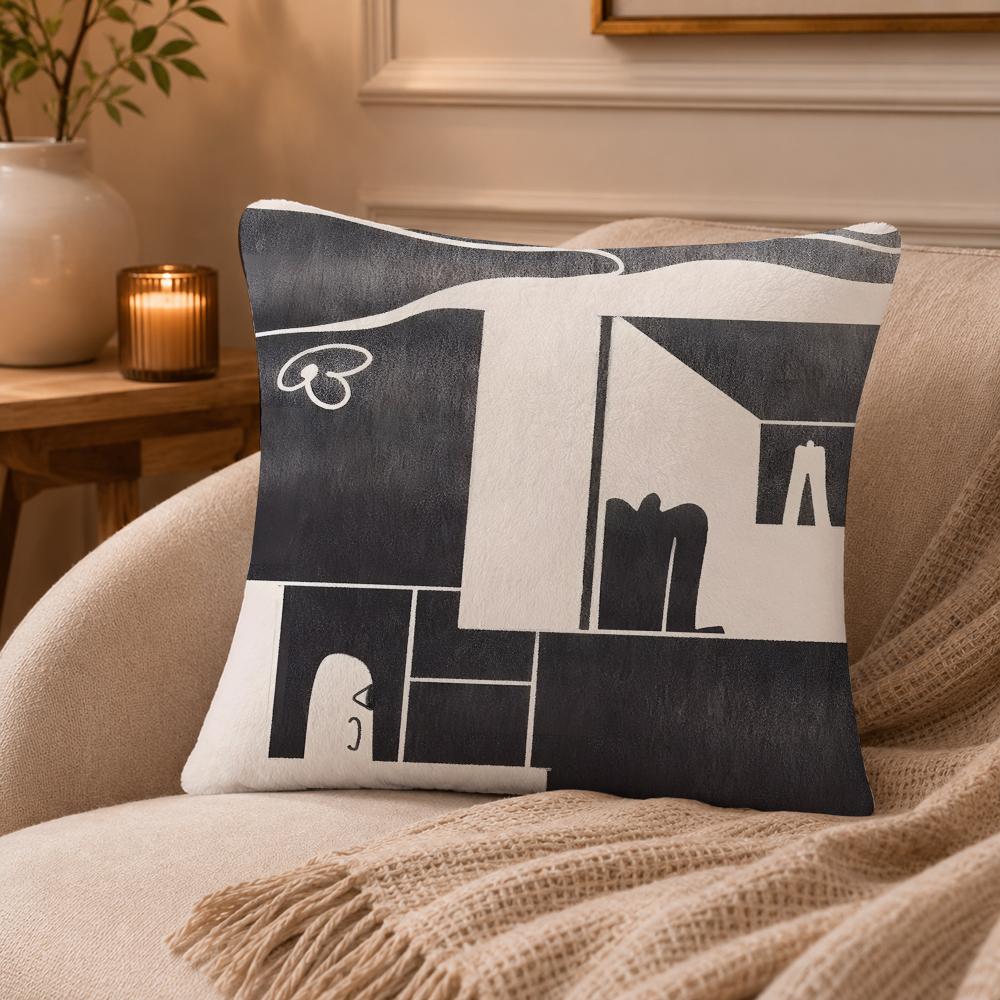 Black and white creative art painting Cushion Cover Anti-dustmite Pillowcase Invisible zipper silky short plush Sofa cushion