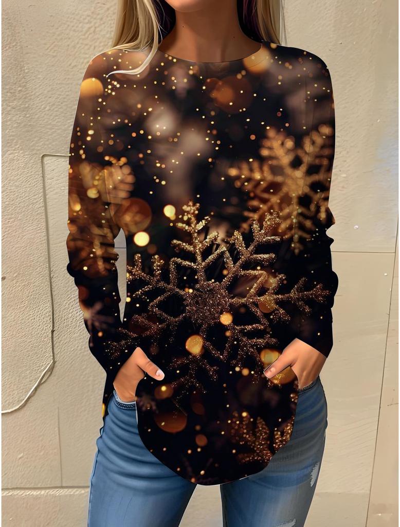 Weihnachtsthema Schneeflocke 3D-Druck O-Ausschnitt Langarm T-Shirt Mode Damenkleidung Casual Y2K Kleidung Harajuku Damenkleidung