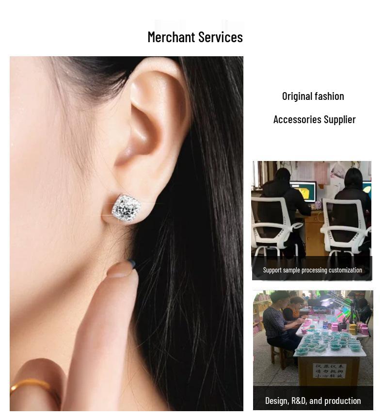 S925 Sterling Silver Square Sugar Stud Earrings with Diamond for Women - Elegant & Versatile European-American Rock Hip-Hop Style