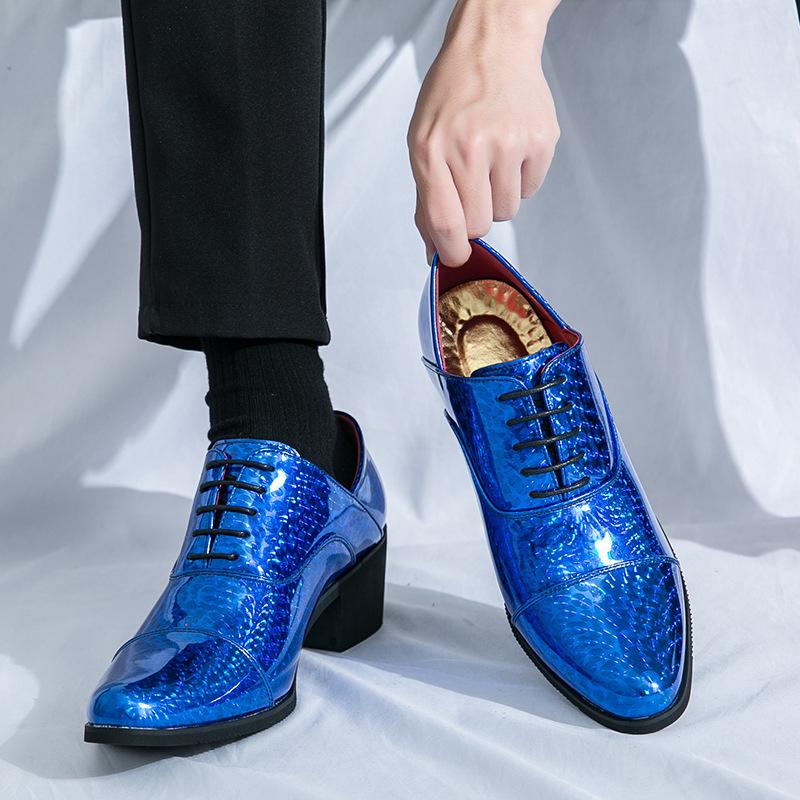 Men's Glossy Leather High Heel Shoes, Large Size, 6cm Height Increase, Trendy Nightclub Style for Spring and Autumn