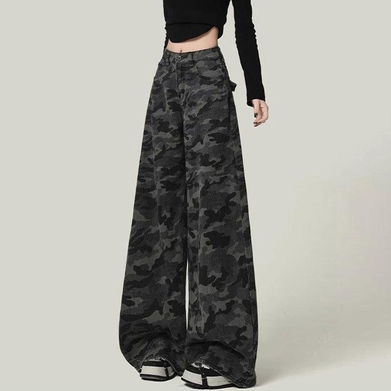 Plus Size High-Waisted Camouflage Wide-Leg Jeans for Women - Slimming, Flaw-Hiding, Straight Leg Pants