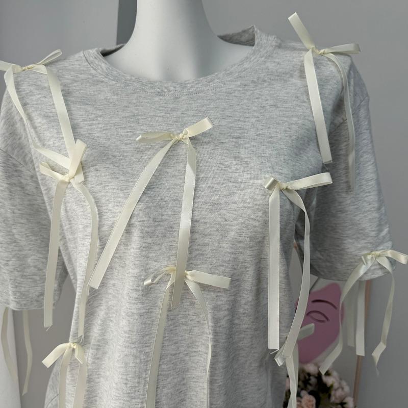 Summer New Design Three-dimensional Bow Decoration Versatile Mid-length T-shirt for Women
