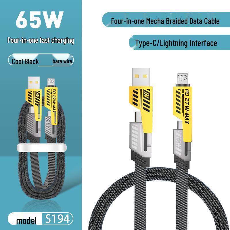65W Multi-Charging Fast Mecha Cable: 4-in-1 Type-C Compatible with Huawei & Apple Devices