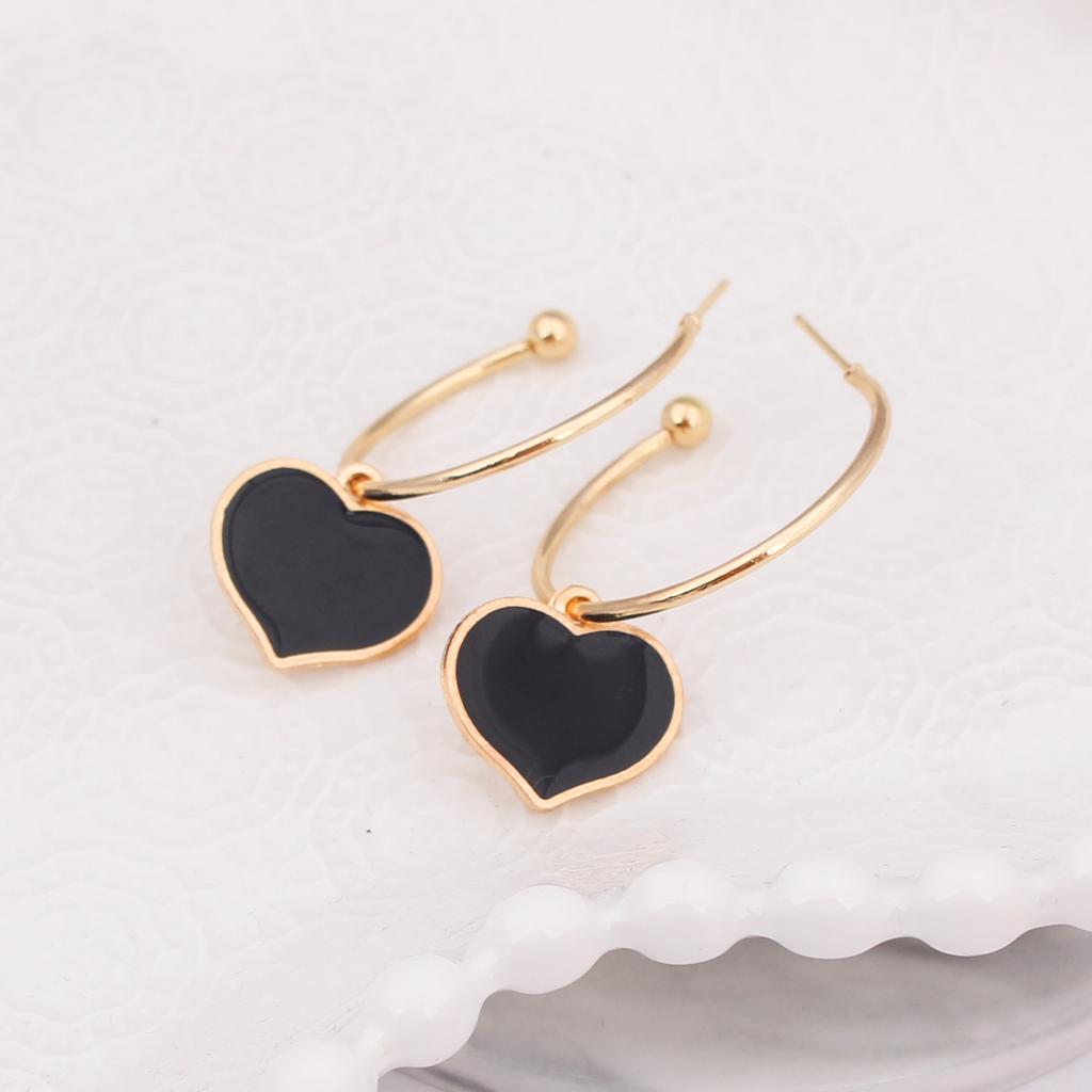 Black Enamel Oil Heart Drop Earrings for Women Party Statement Zircon Golden Metal Round Geometry C Shape Dangle Earrings