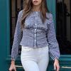 Women's Long Sleeve Plaid Shirt Women's Casual Round Neck Top Women's Retro Waist Shirt Cardigan